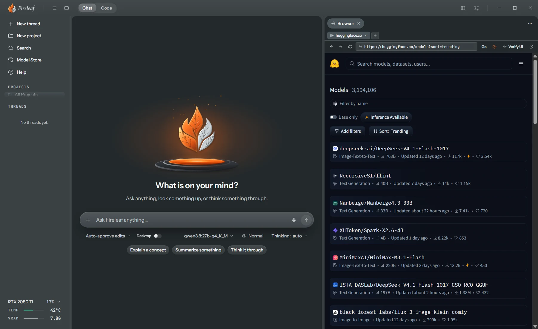 Fireleaf on Windows: the chat on the left and the agent browser on the right, showing the trending models on Hugging Face