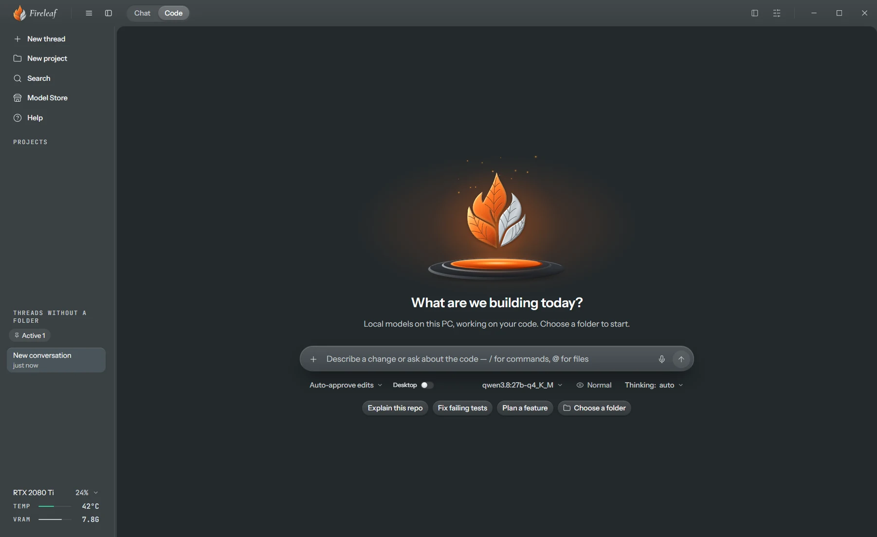 Fireleaf in Code mode, ready to work on a project