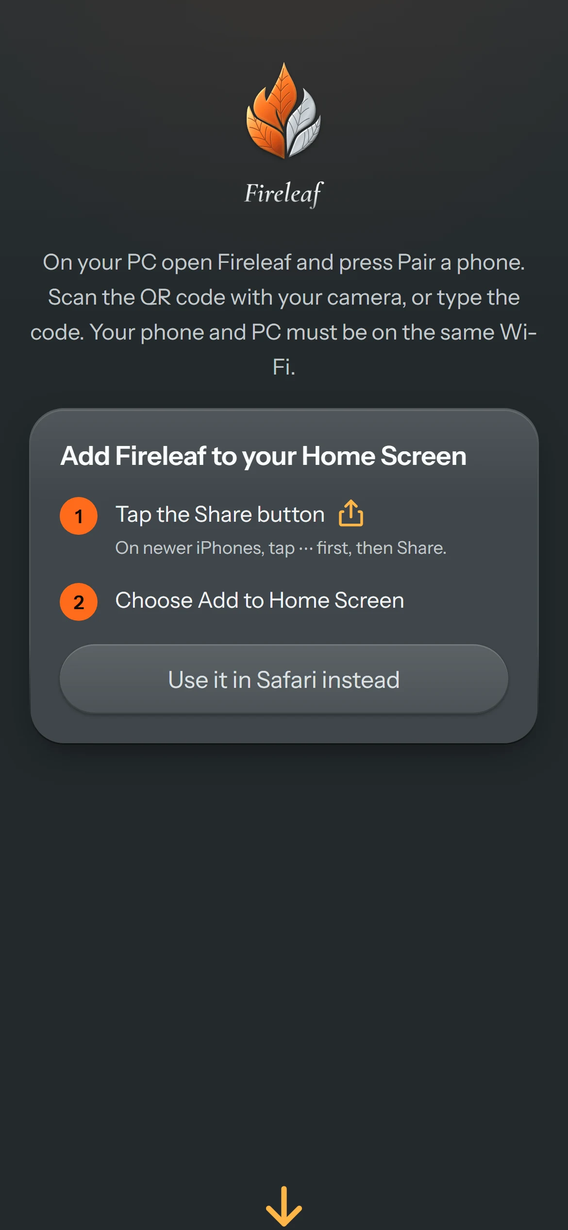 The Fireleaf Companion page open on an iPhone after scanning, showing how to add it to the Home Screen